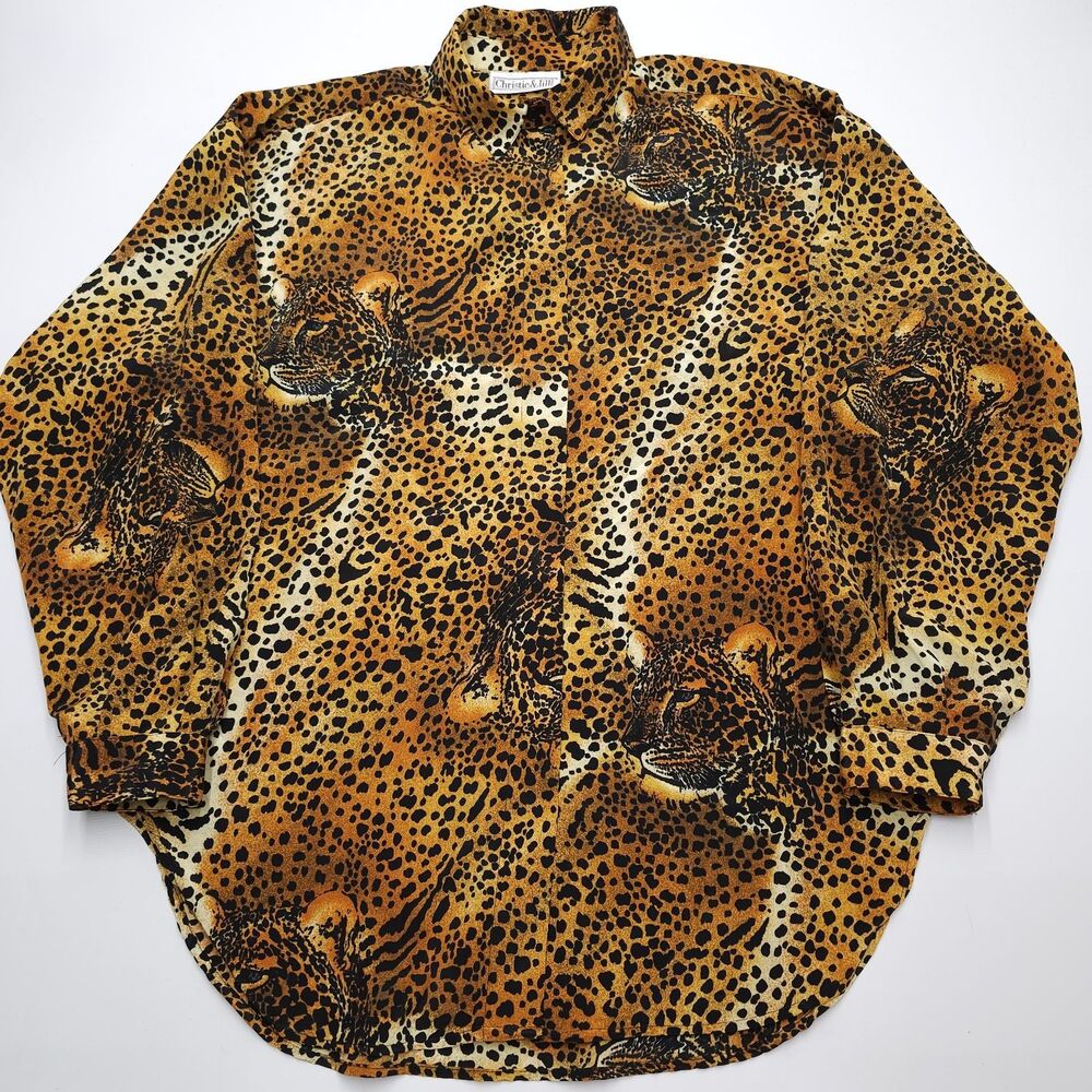 Vintage Christie & Jill Leopard Print Blouse Tunic Top Oversized Large 80s 90s